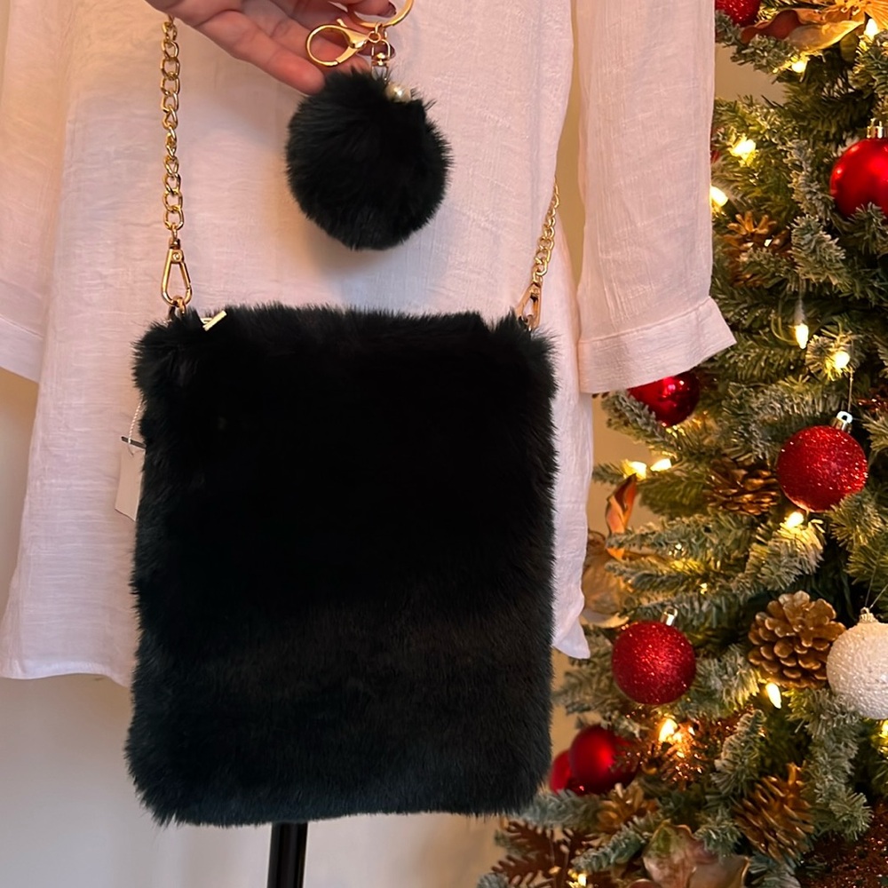 Gorgeous Forest Green Faux Fun Fur Crossbody with gold chain pom-pom & pearl